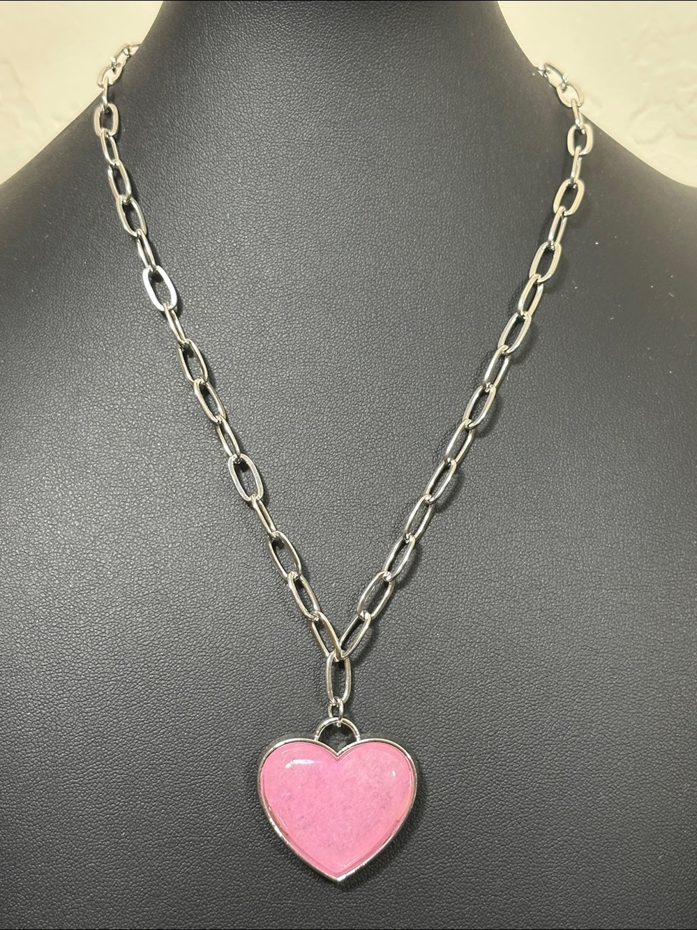 Rose Quartz Heart Necklace Silver Tone Paper Clip Link Chain